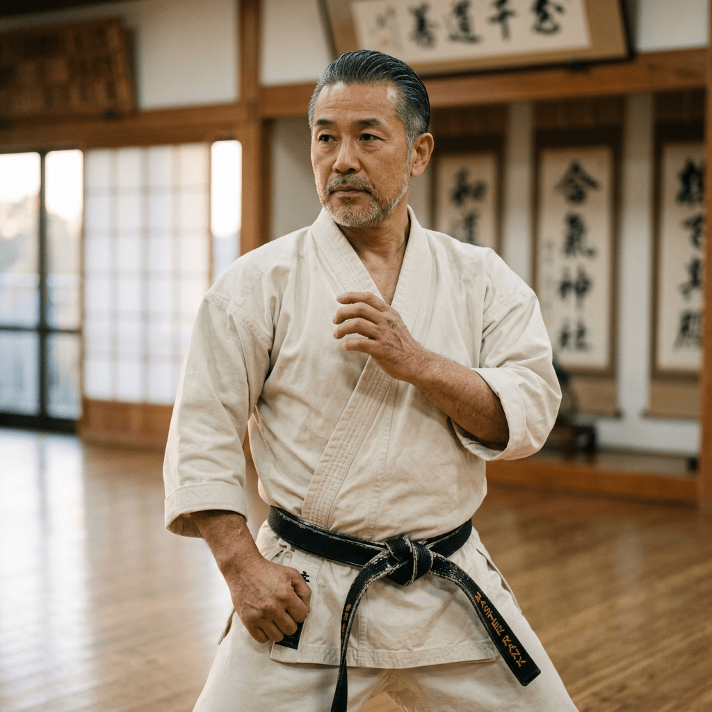 Martial artist in white gi and black belt performing kata in dojo