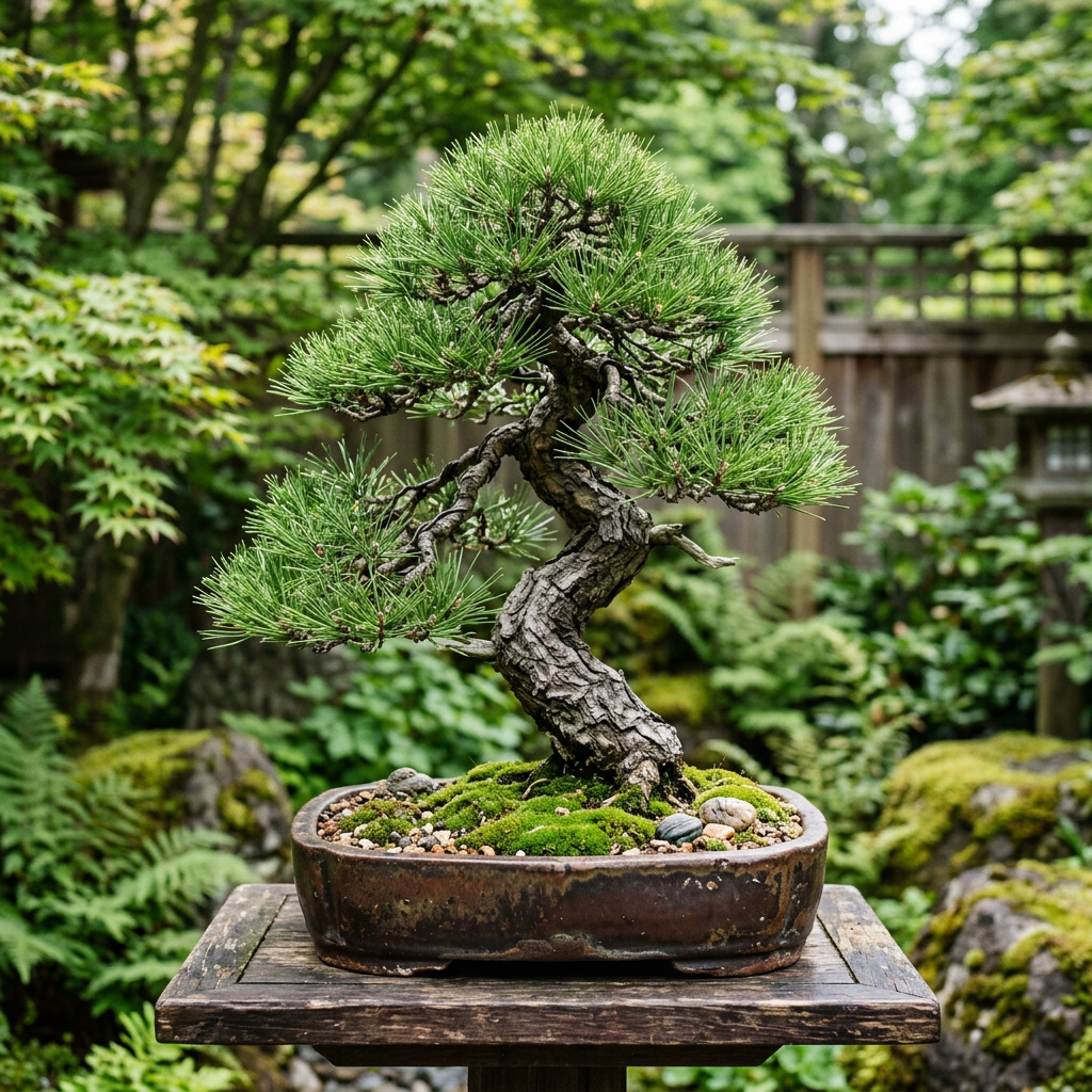 Pine bonsai tree with twisted trunk in a shallow pot on wooden table