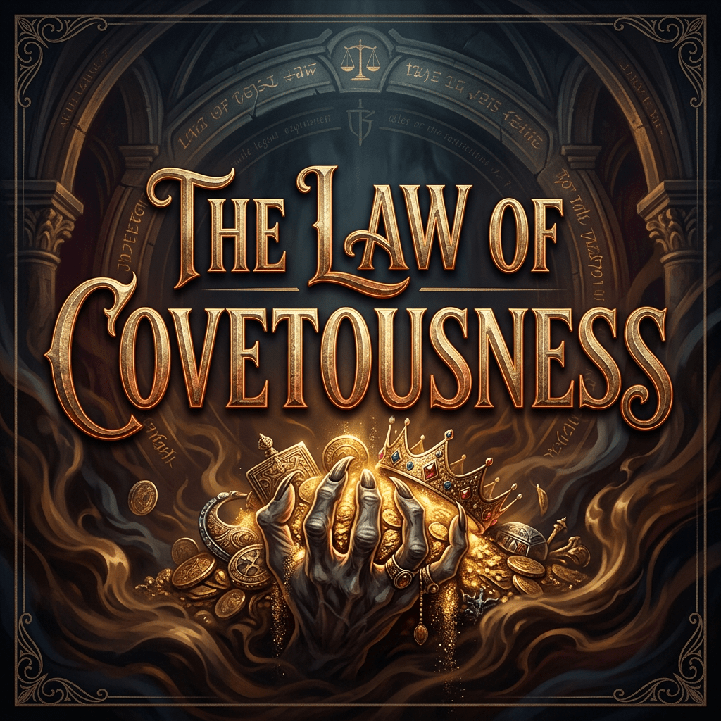 Skeletal hand clutching gold coins, a crown, and jewelry beneath a medieval arch with 'The Law of Covetousness' text
