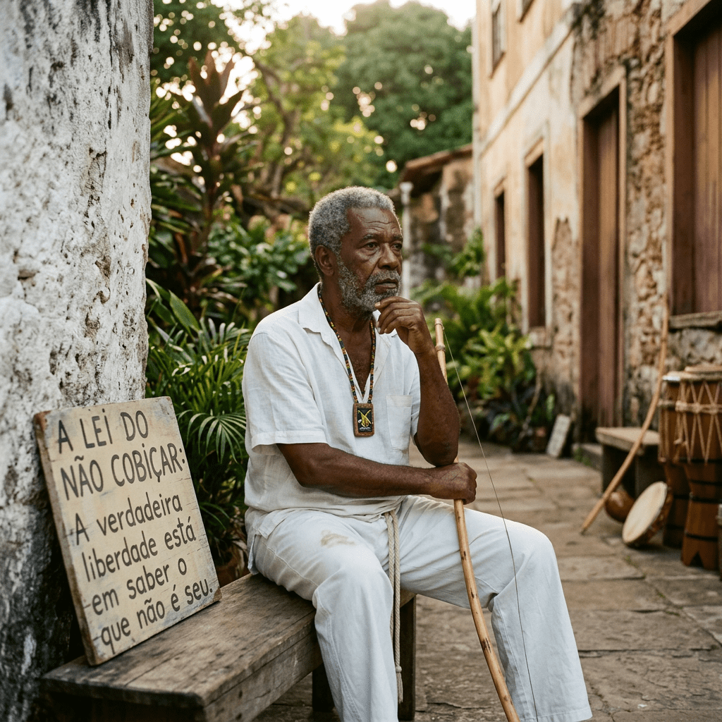 Elderly man holding a wooden staff seated on a bench beside a rustic wall and sign with Portuguese text