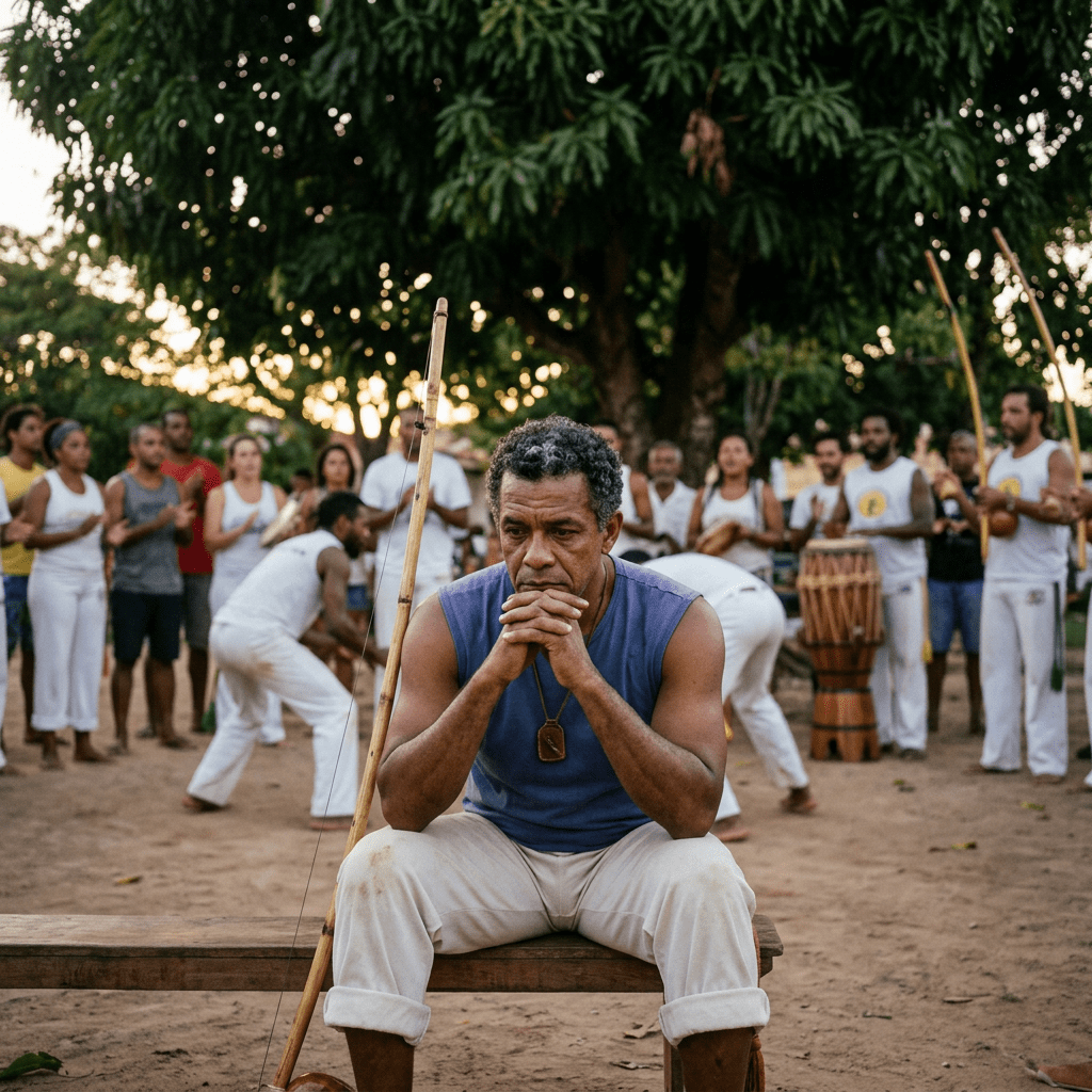 Man sitting with hands clasped in front of capoeira group practicing outdoors