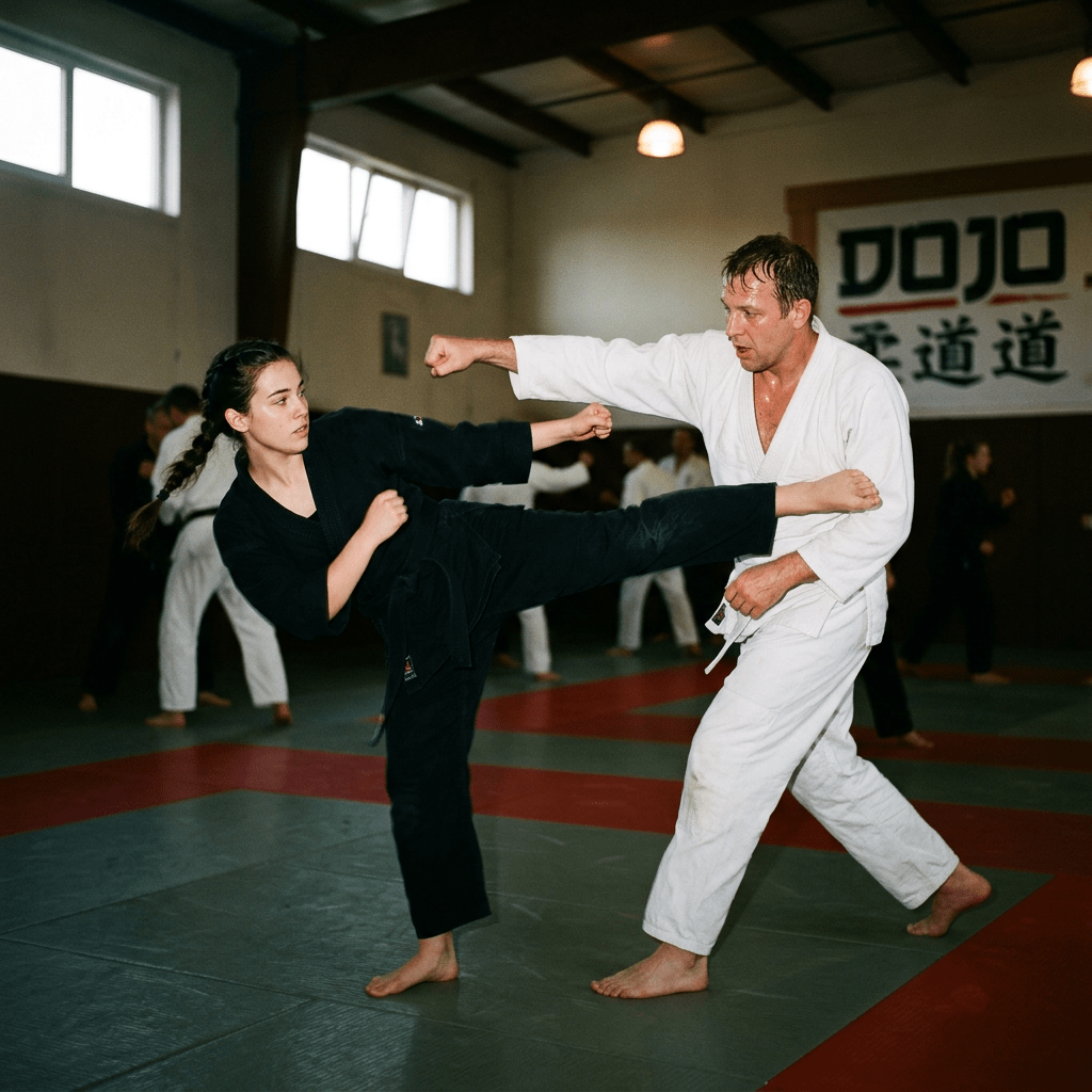 A young woman in black martial arts uniform delivering a high kick to a man in white martial arts uniform in a dojo.