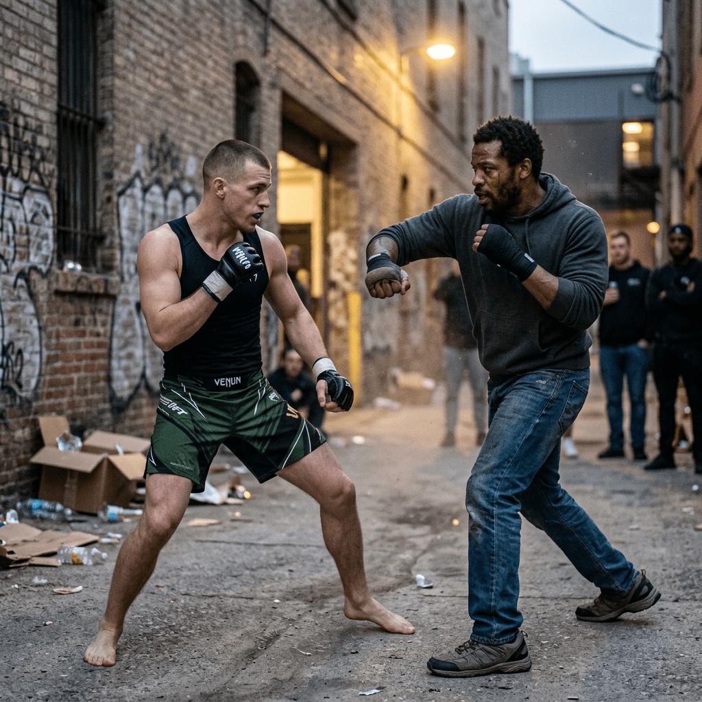 Two men in fighting stances sparring in a graffiti-covered alley