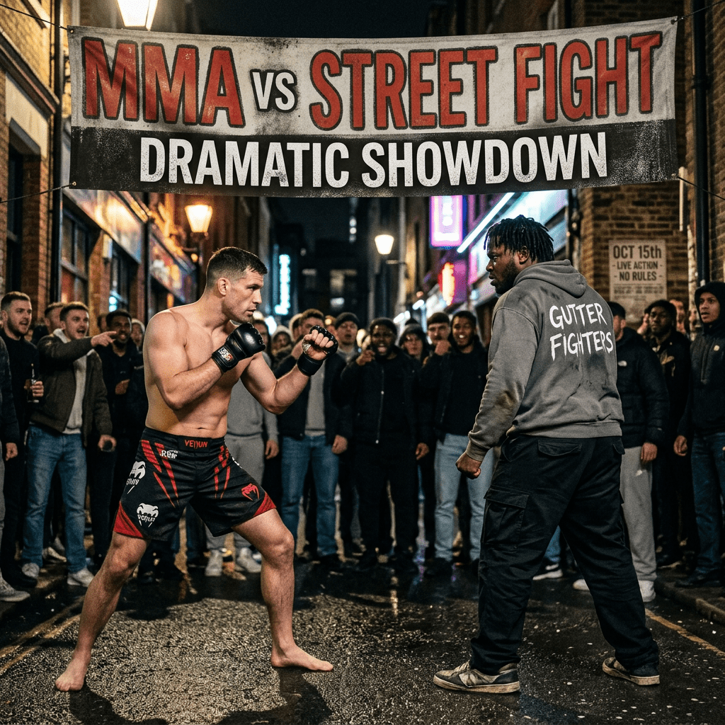 Two men squaring off for a street fight in an alleyway with a crowd and banner above