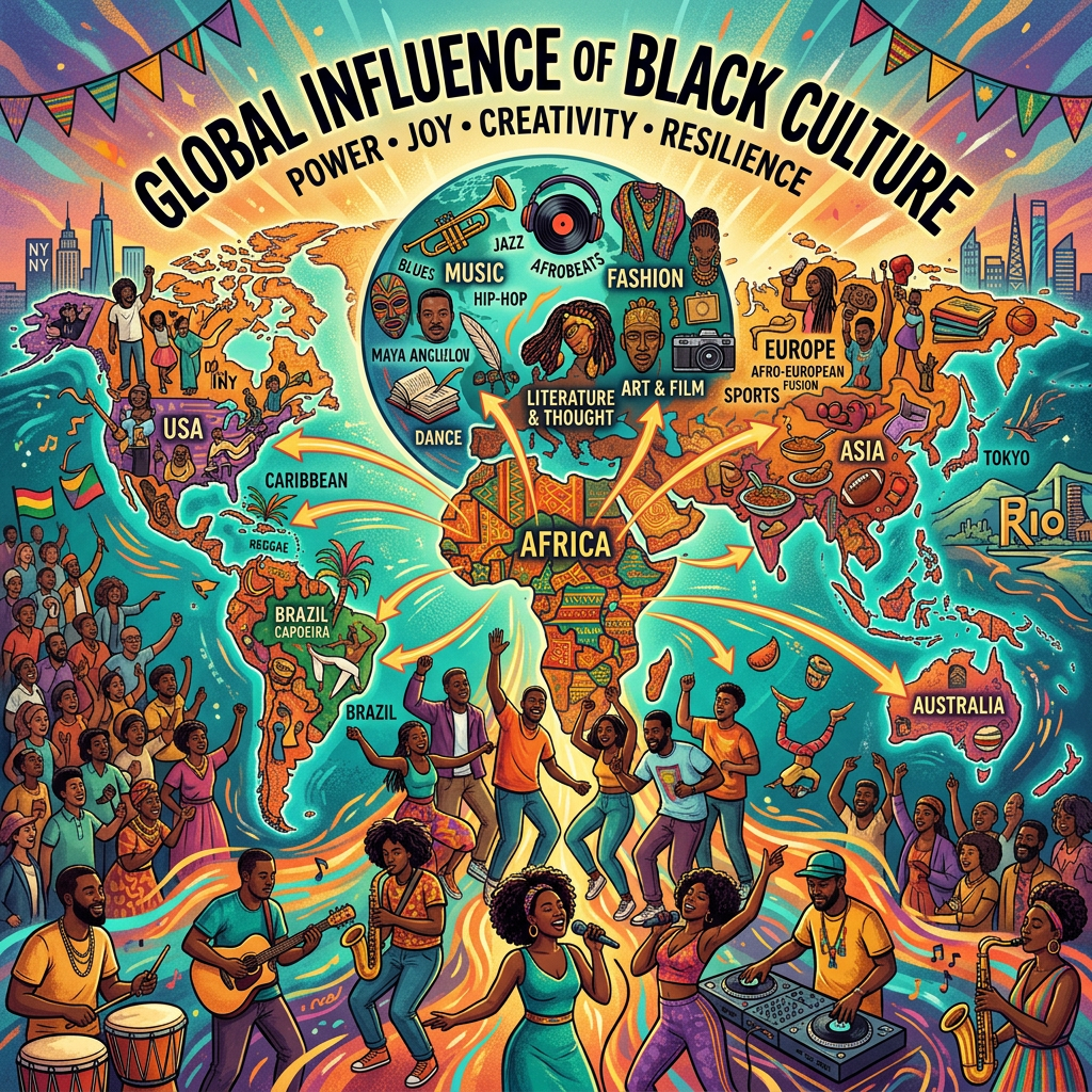 Map showing Africa at center with arrows indicating Black cultural influence spreading globally on music, dance, fashion, and art