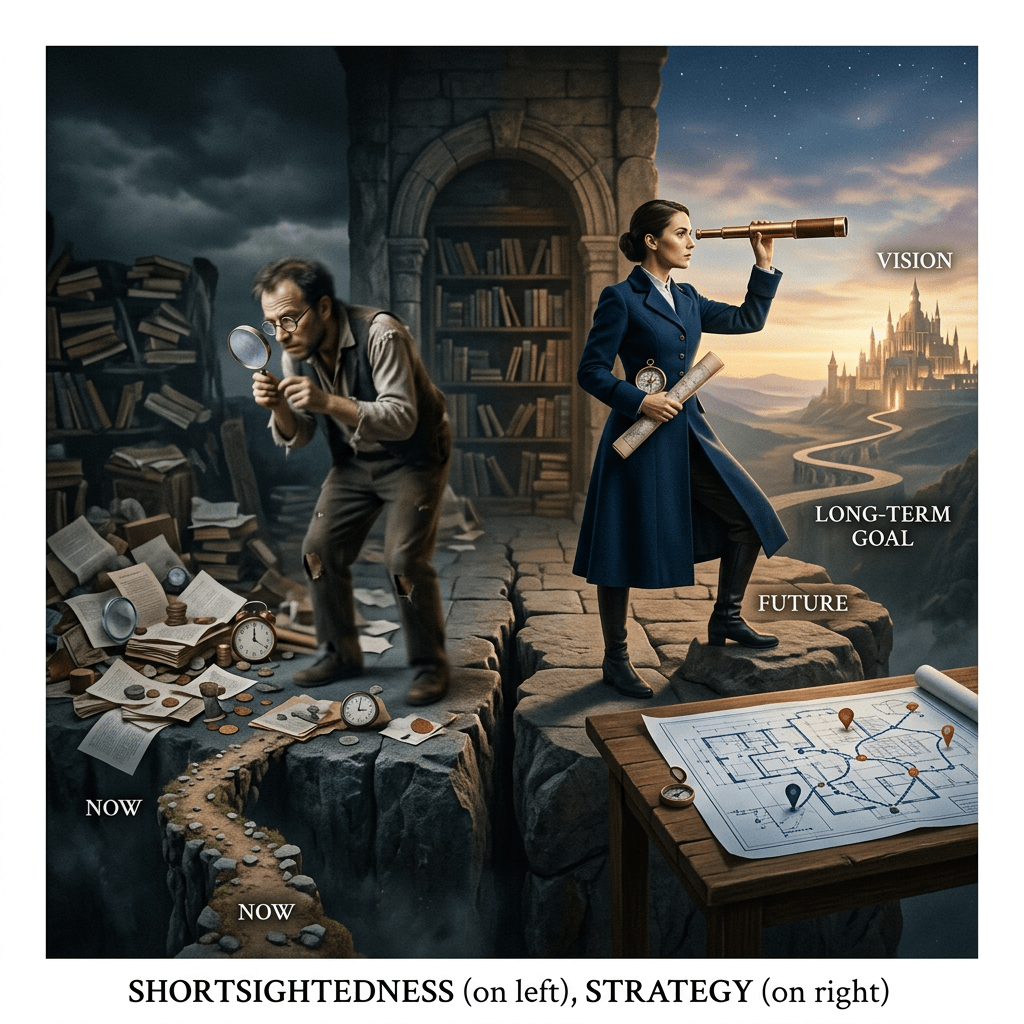 Man with magnifying glass surrounded by clutter and clocks, woman with telescope and map overlooking a distant castle labeled vision and long-term goal
