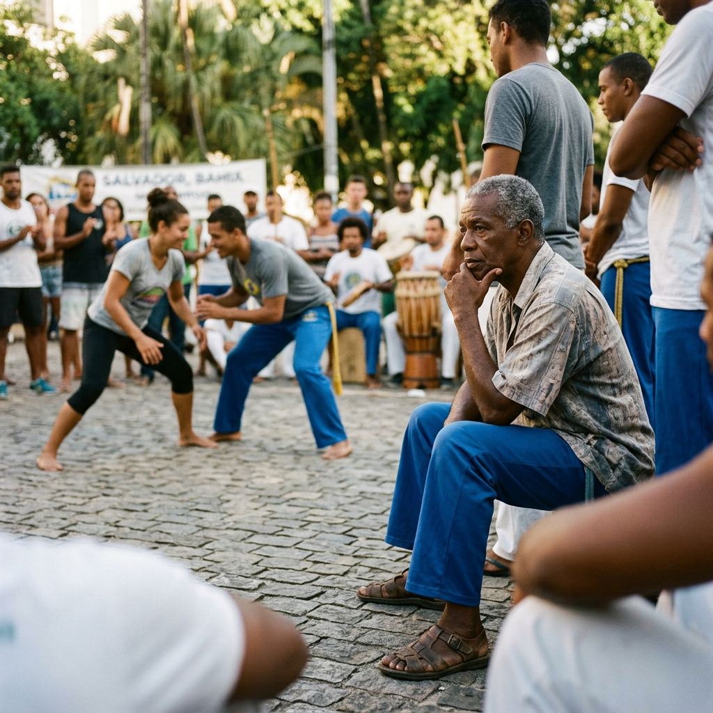 Elderly man observing two capoeira dancers practicing outdoors