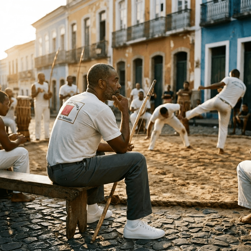 Group practicing capoeira martial art on a sandy spot in a cobblestone street