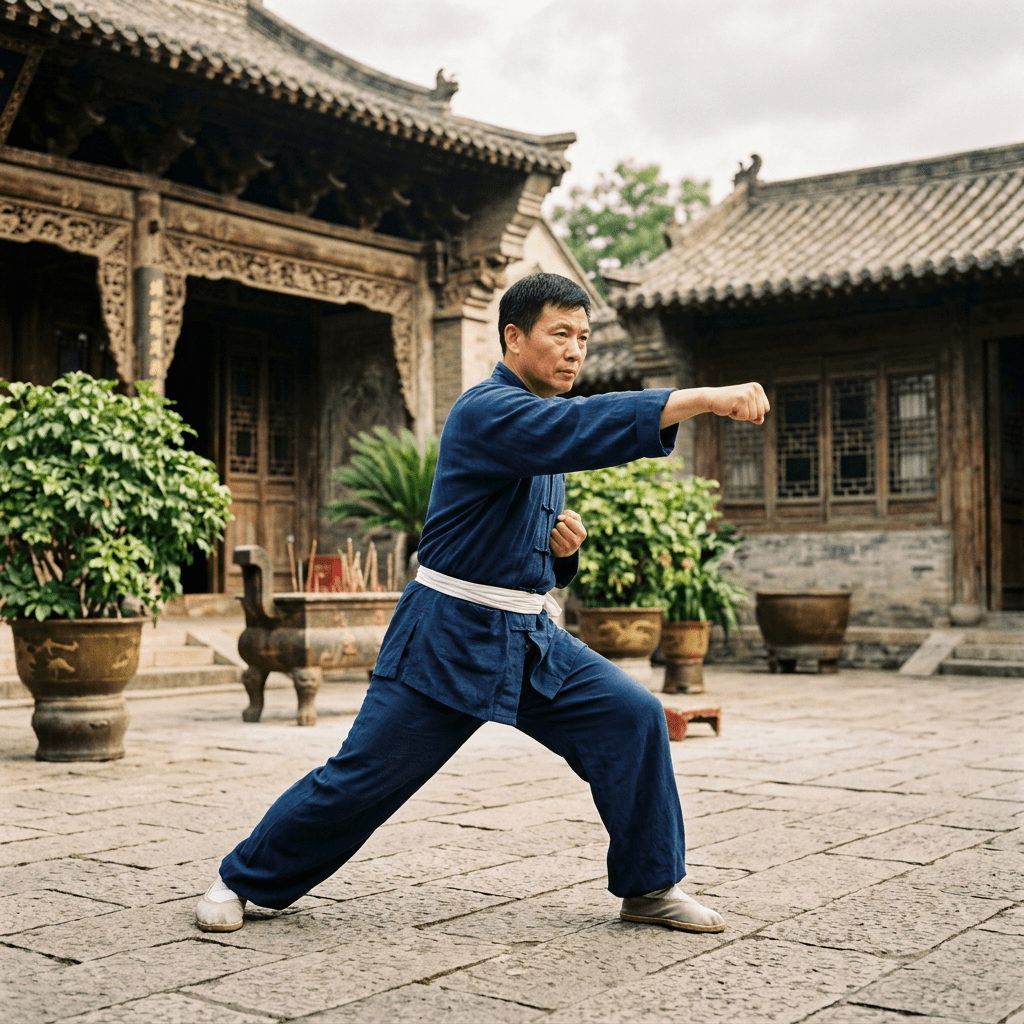 Man in blue traditional martial arts uniform performing a punch stance outdoors