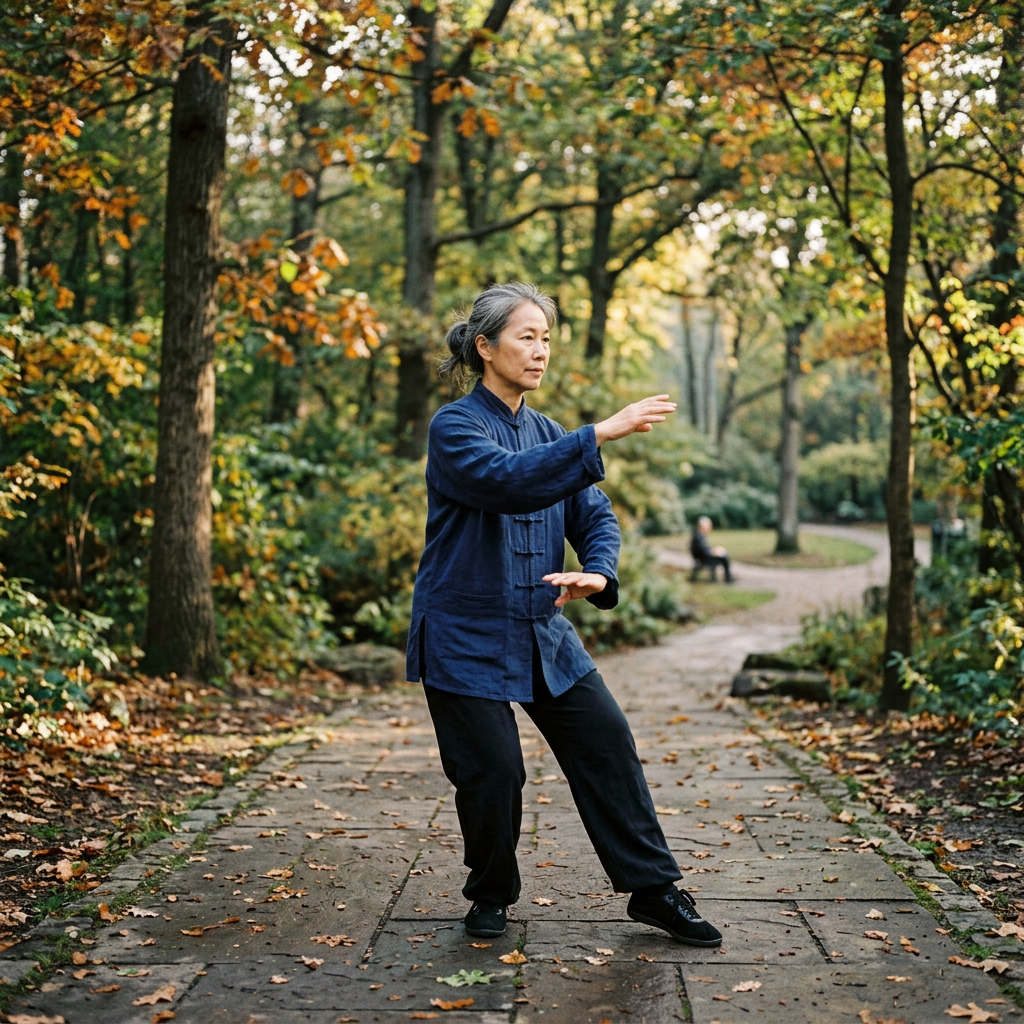 Woman performing Tai Chi exercise on a paved path in a park with autumn leaves