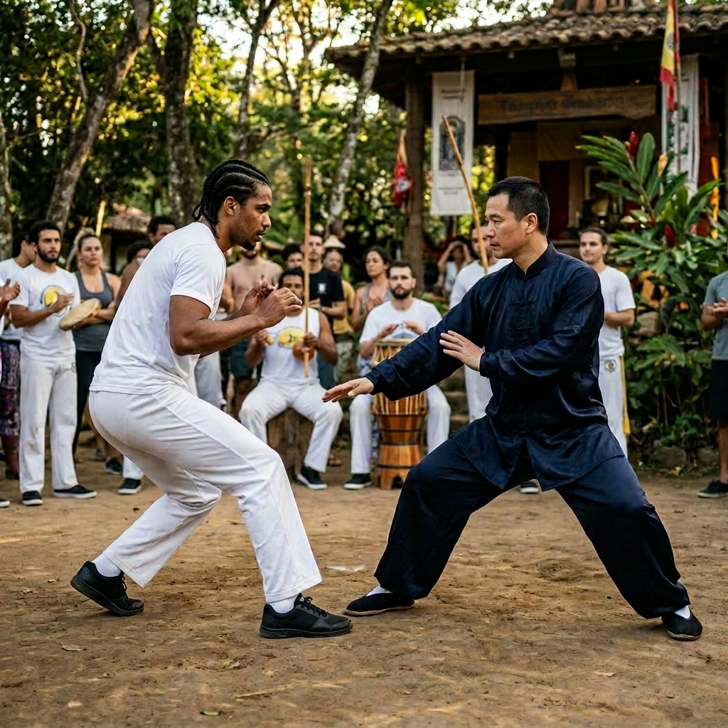 Capoeiristas wear black tennis shoes white socks