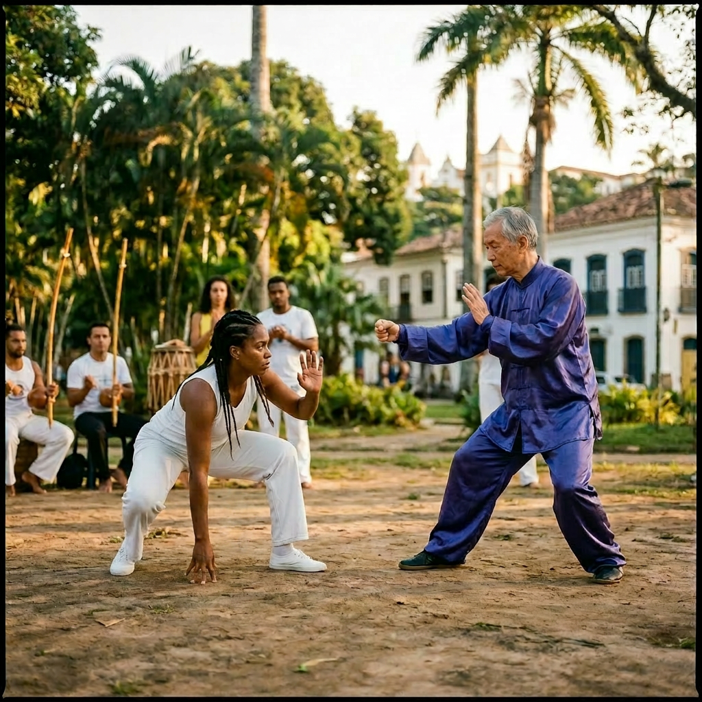 An older man in purple performing martial arts moves facing a young woman in white pants and green top in a park.