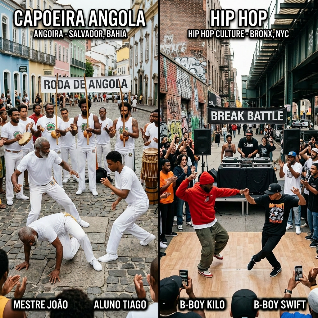 Capoeira Angola roda with Mestre João and Aluno Tiago performing in Salvador; hip hop break battle with B-Boy Kilo and B-Boy Swift in Bronx NYC