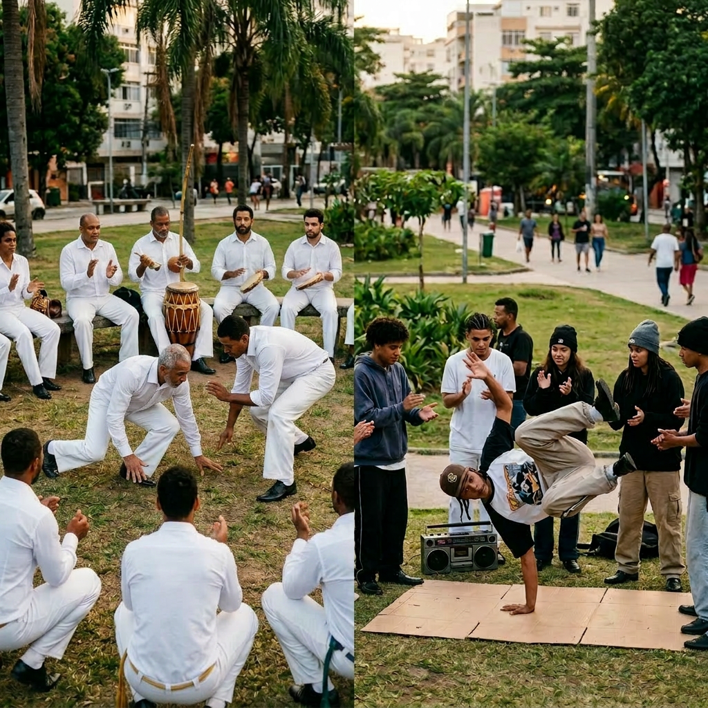 Group practicing capoeira with live drumming; breakdancer performs a handstand move on cardboard with audience