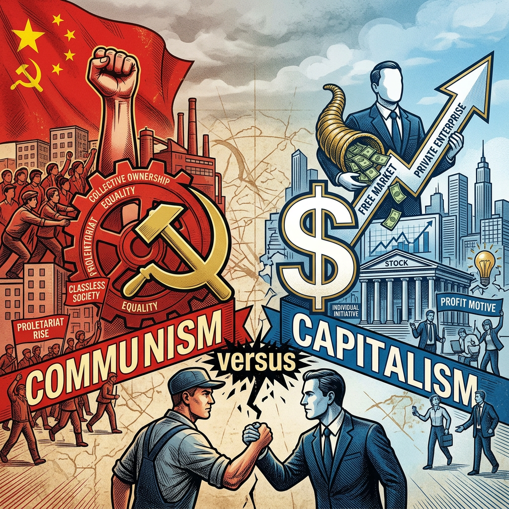 Communism and capitalism symbols with people shaking hands in front