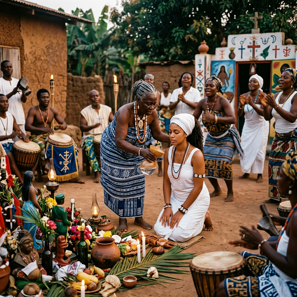 Women and men participating in a traditional African spiritual ceremony with drumming and ritual cleansing