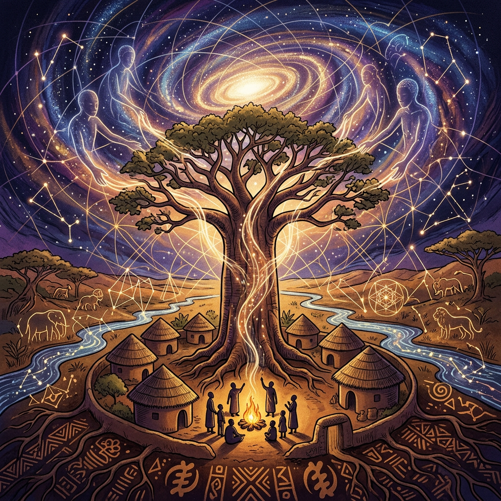 Village people around fire beneath large glowing tree with ancestral spirits and constellations