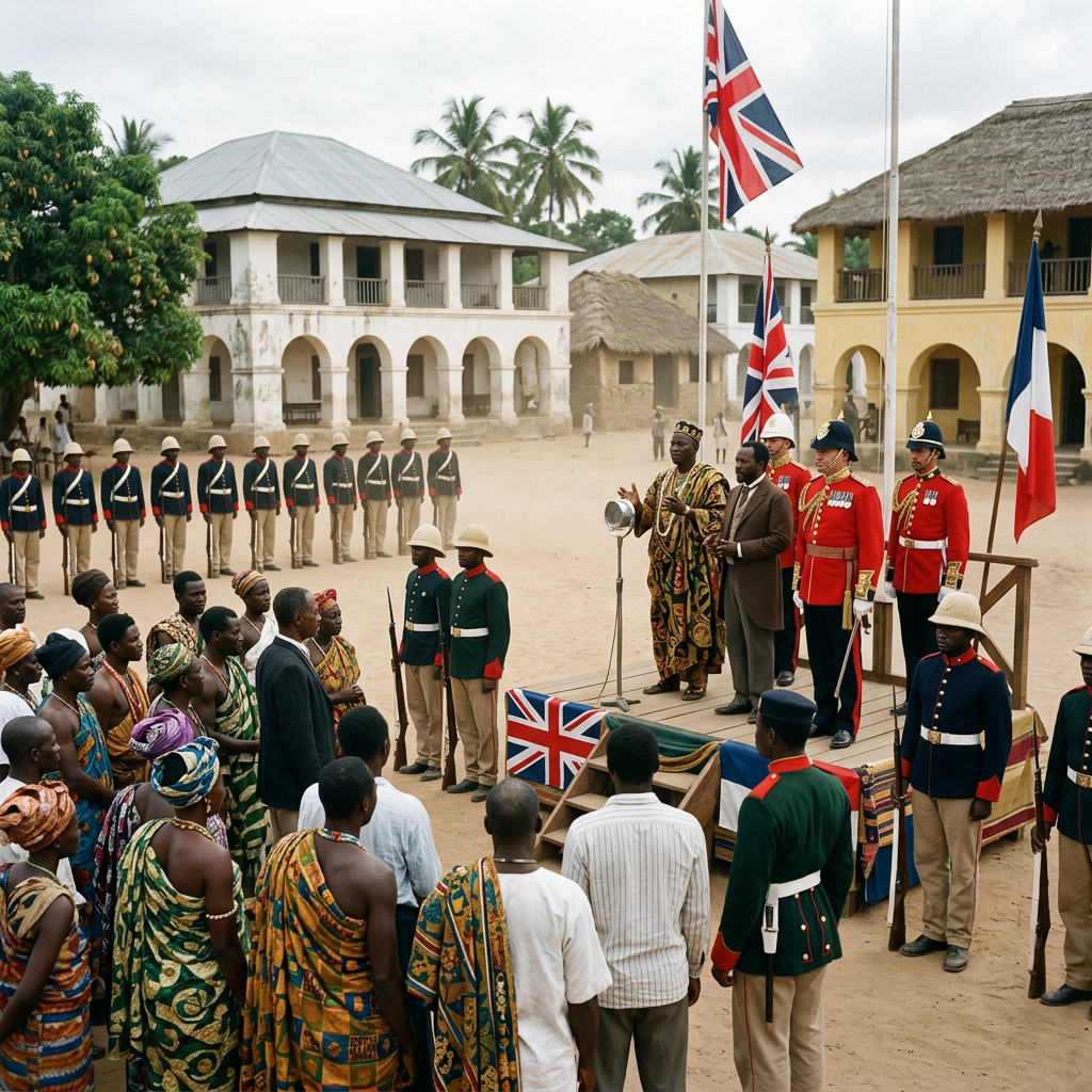 Colonial-era ceremony with African people and soldiers