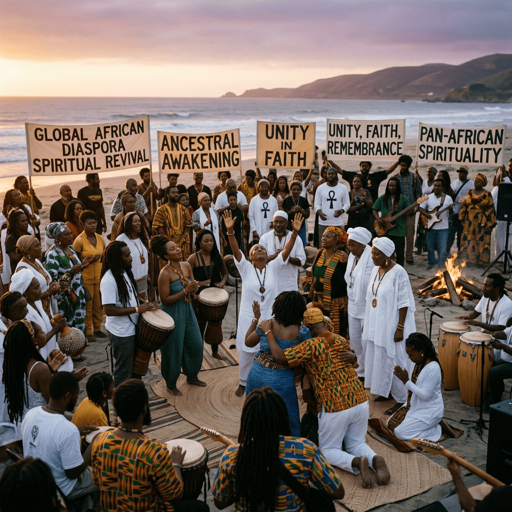 Group of people gathered on beach holding signs about African spirituality and unity
