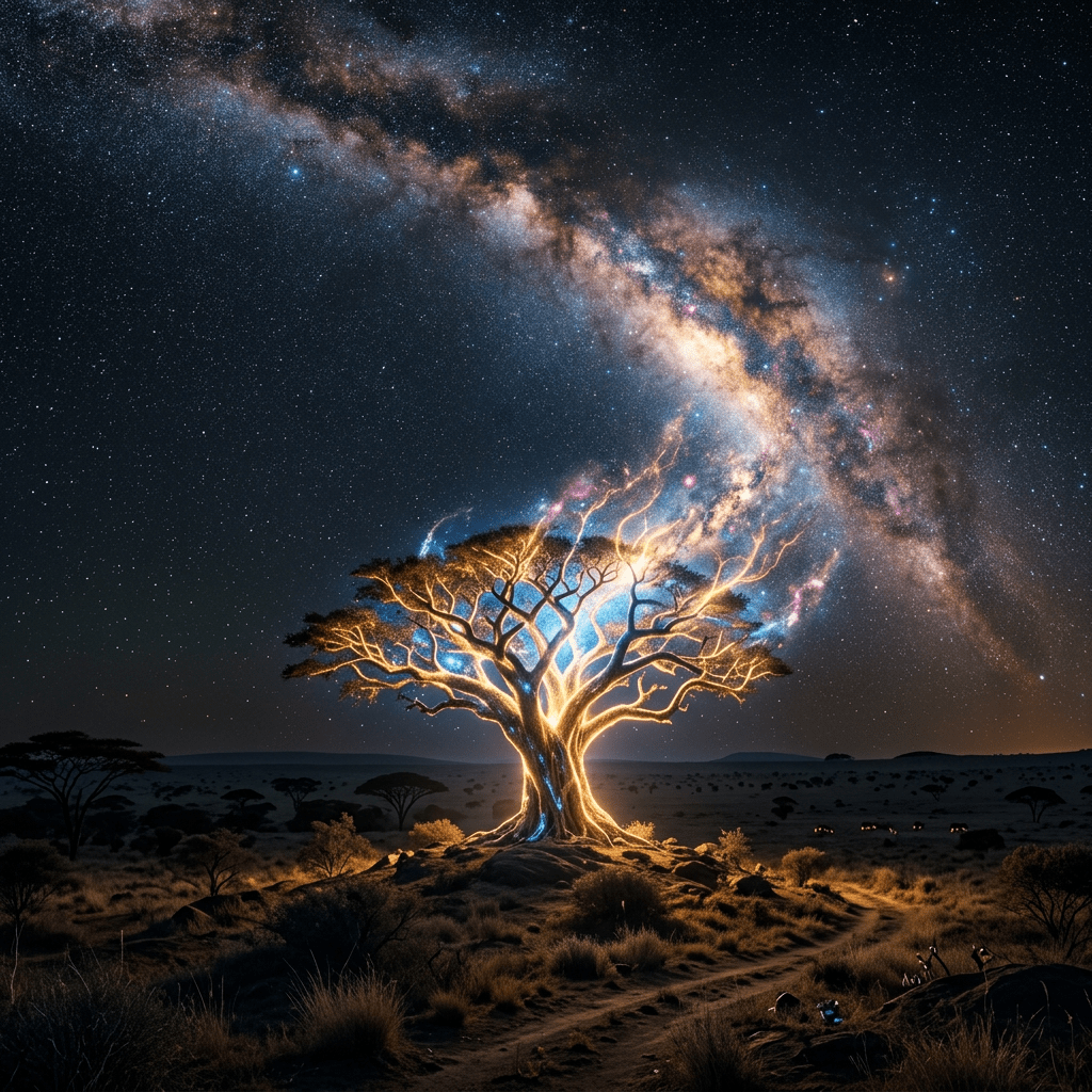 A luminous tree emitting light under a star-filled Milky Way night sky
