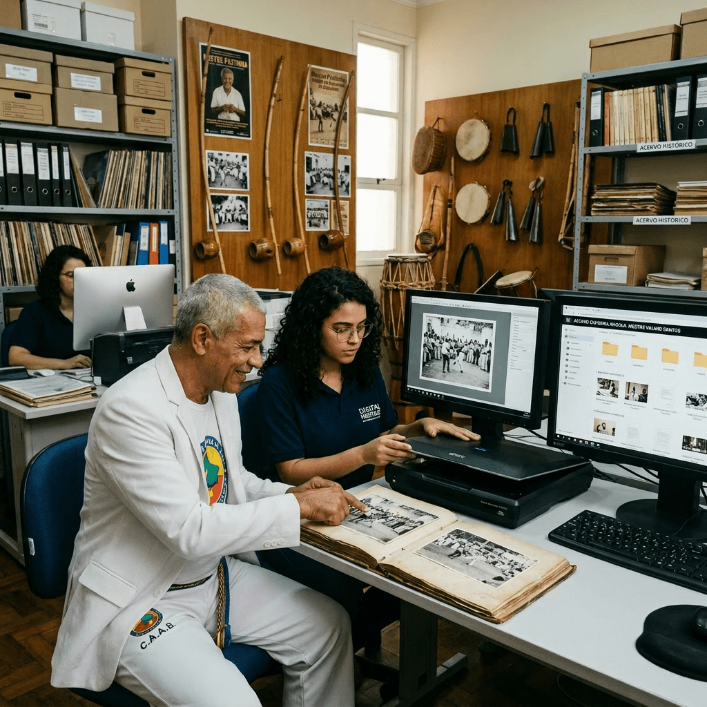 Two people scanning and discussing historical black-and-white photos in an archive