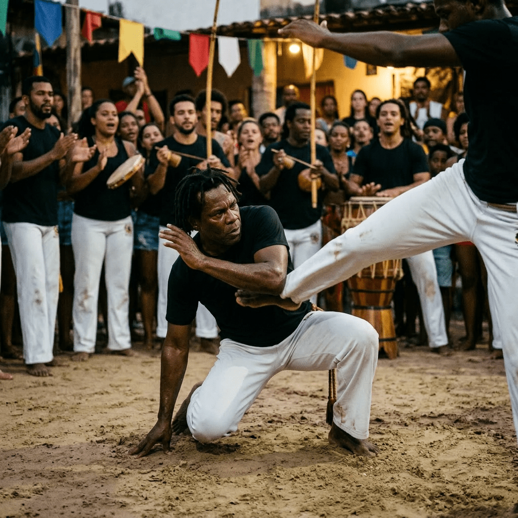 Two men practicing capoeira with percussion players and clapping audience in the background