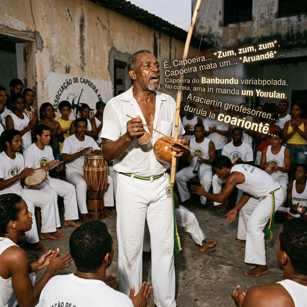 Capoeira master playing berimbau surrounded by students clapping and practicing roda