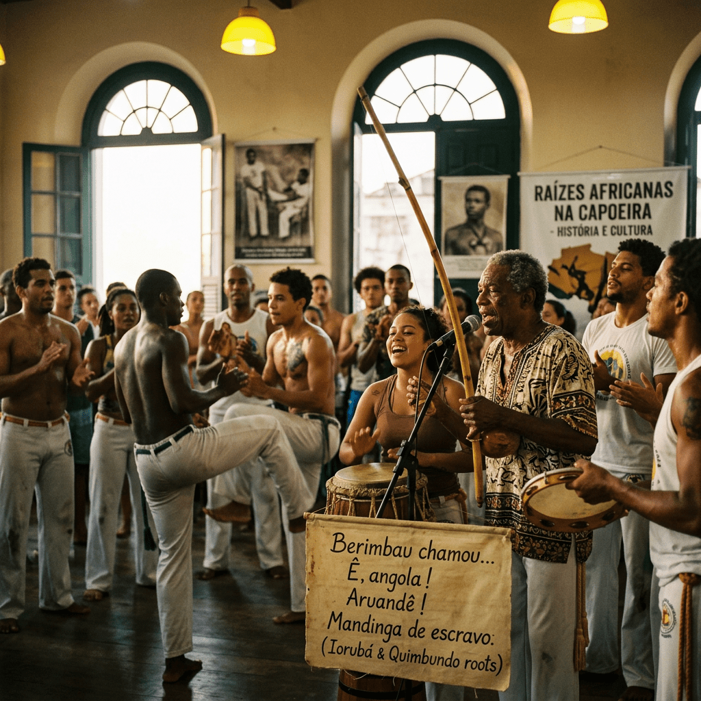 Group performing capoeira with berimbau, drum, and singing in a cultural hall