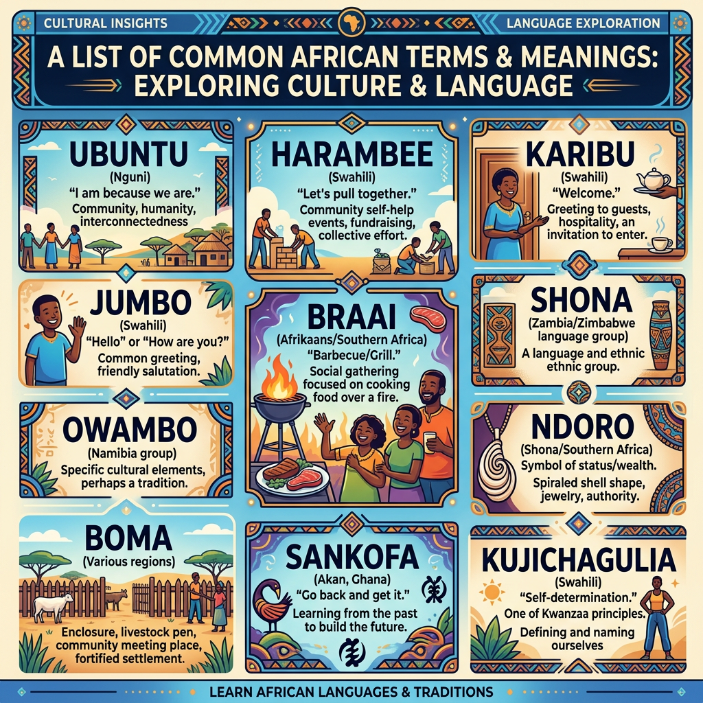 List of common African terms with meanings and cultural context.