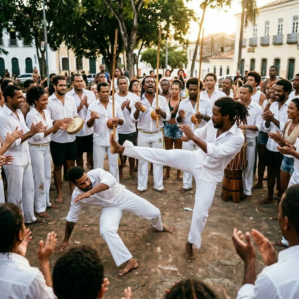 Two men practicing capoeira martial arts in a circle of clapping people outdoors