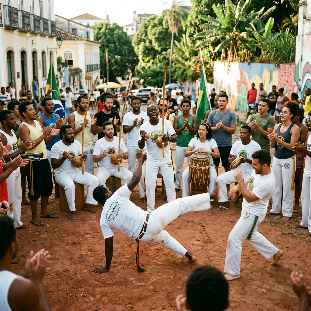 Capoeira music circle with musicians and players