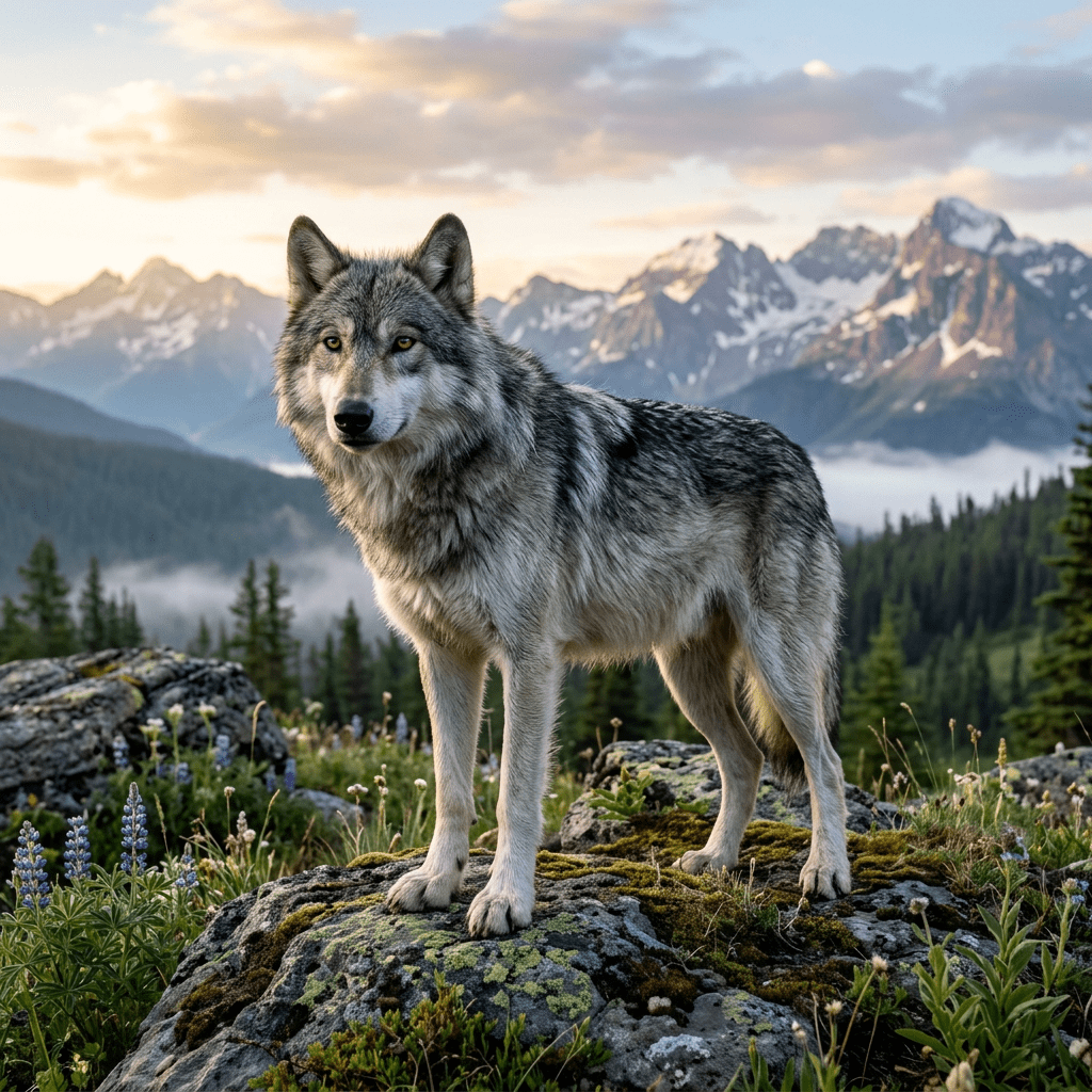 Gray wolf standing on moss-covered rock with alpine mountains in background