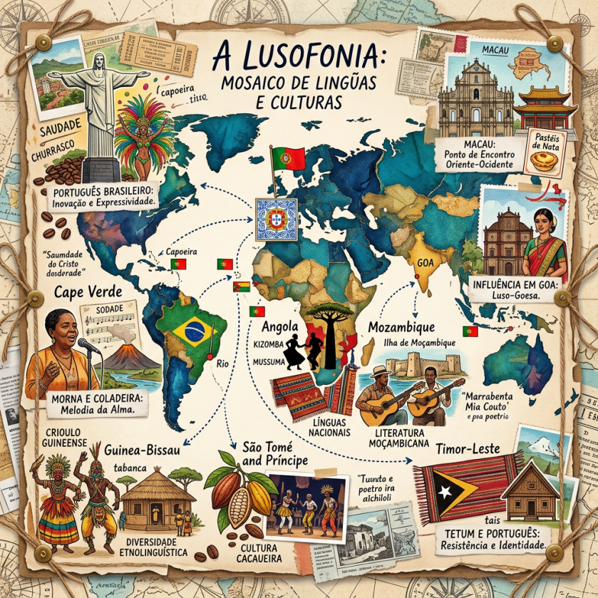 World map highlighting Lusophone countries with cultural icons and notes on language and traditions.