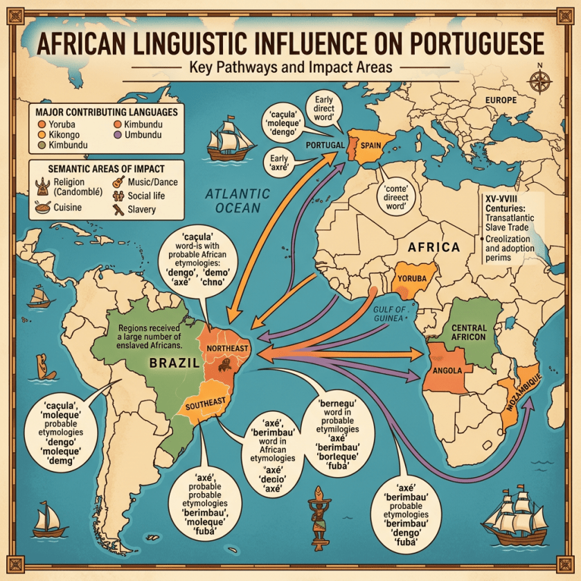 Map illustrating African languages shaping Portuguese vocabulary and culture