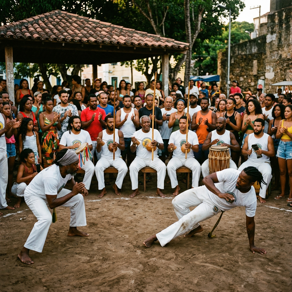 Two men performing capoeira while others play instruments and people watch