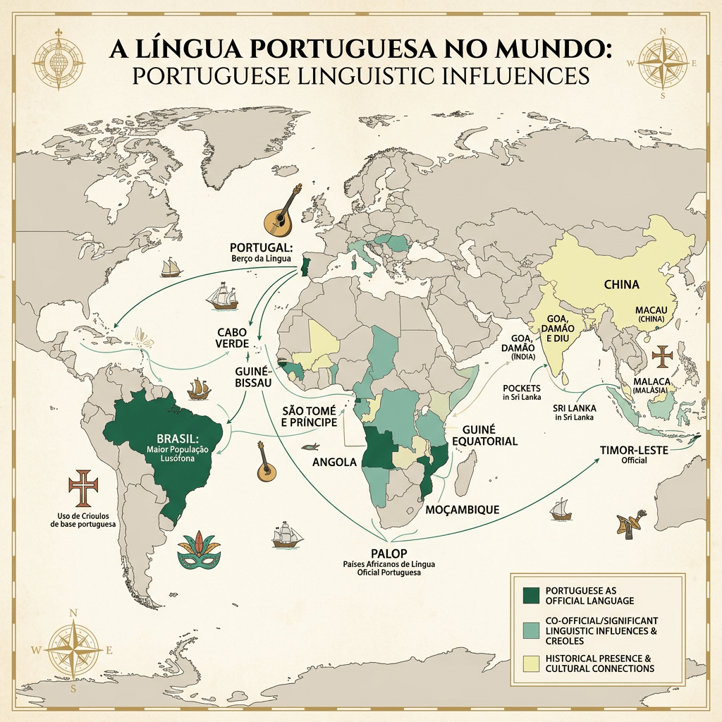 World map showing countries with official Portuguese language and regions with Portuguese linguistic influences