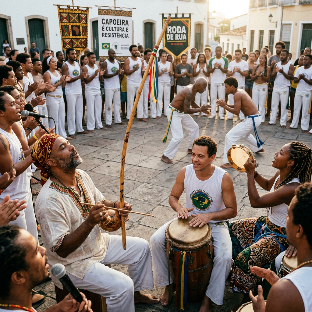 Capoeira musicians and roda emphasizing cultural significance