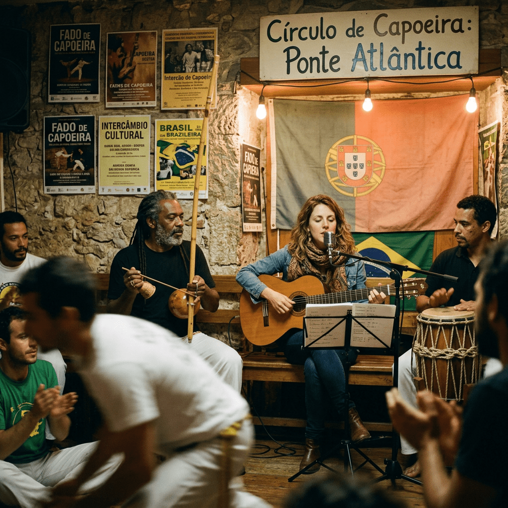 Musicians playing guitar, berimbau, and drums with dancers clapping around