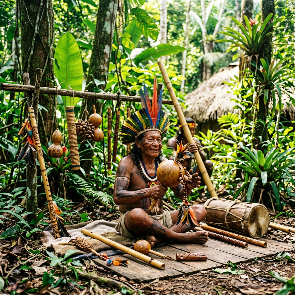 Add indigenous Brazilian instruments and forest elements