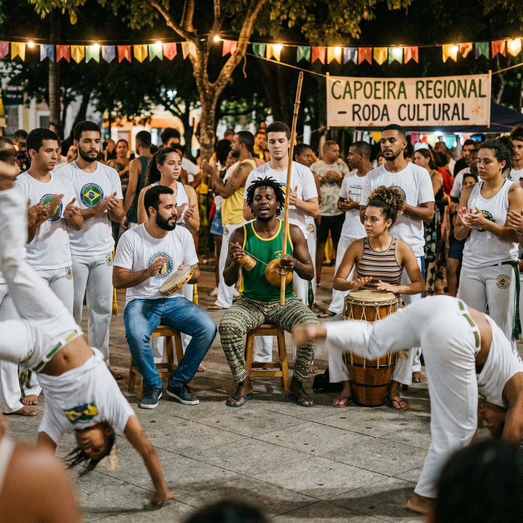 Group of people performing Capoeira and playing traditional instruments in an outdoor cultural event