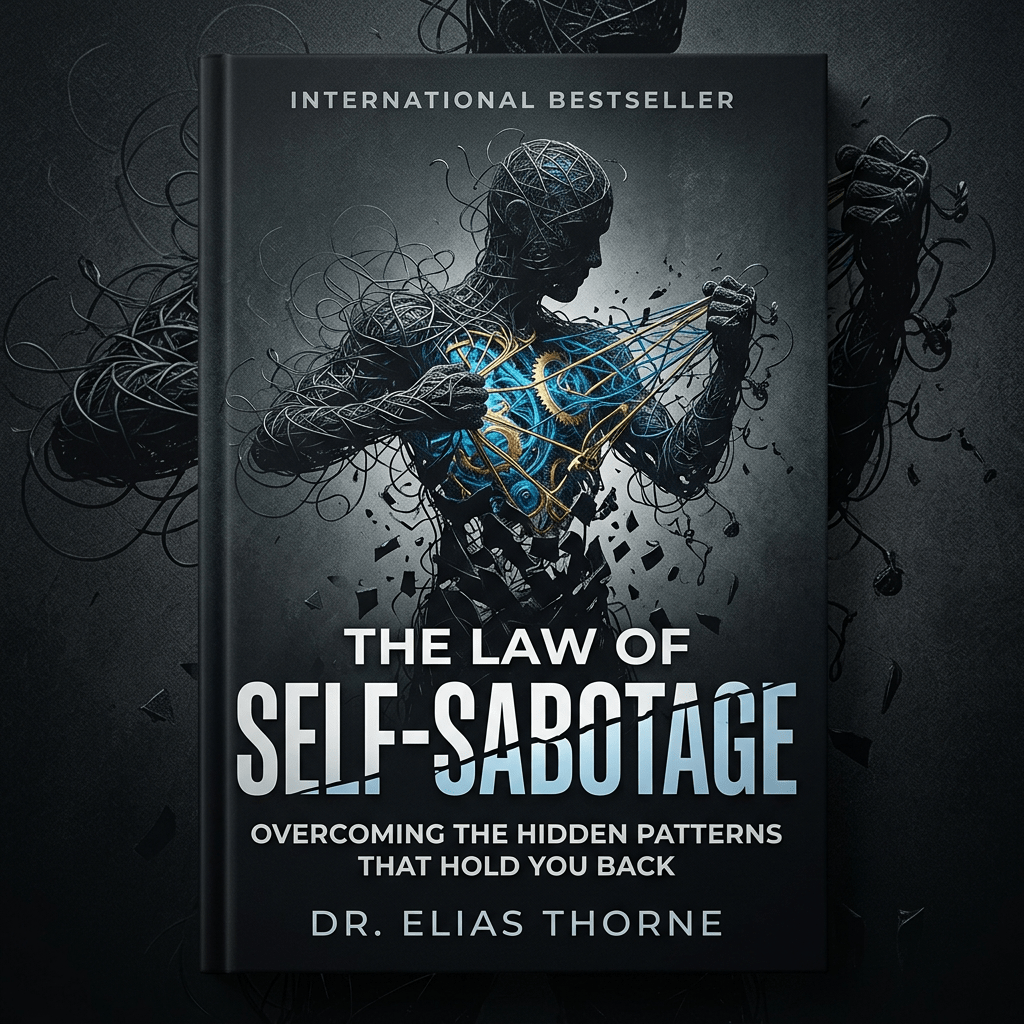 Book cover titled The Law of Self-Sabotage by Dr. Elias Thorne with an illustration of a figure pulling apart wires to reveal gears inside.