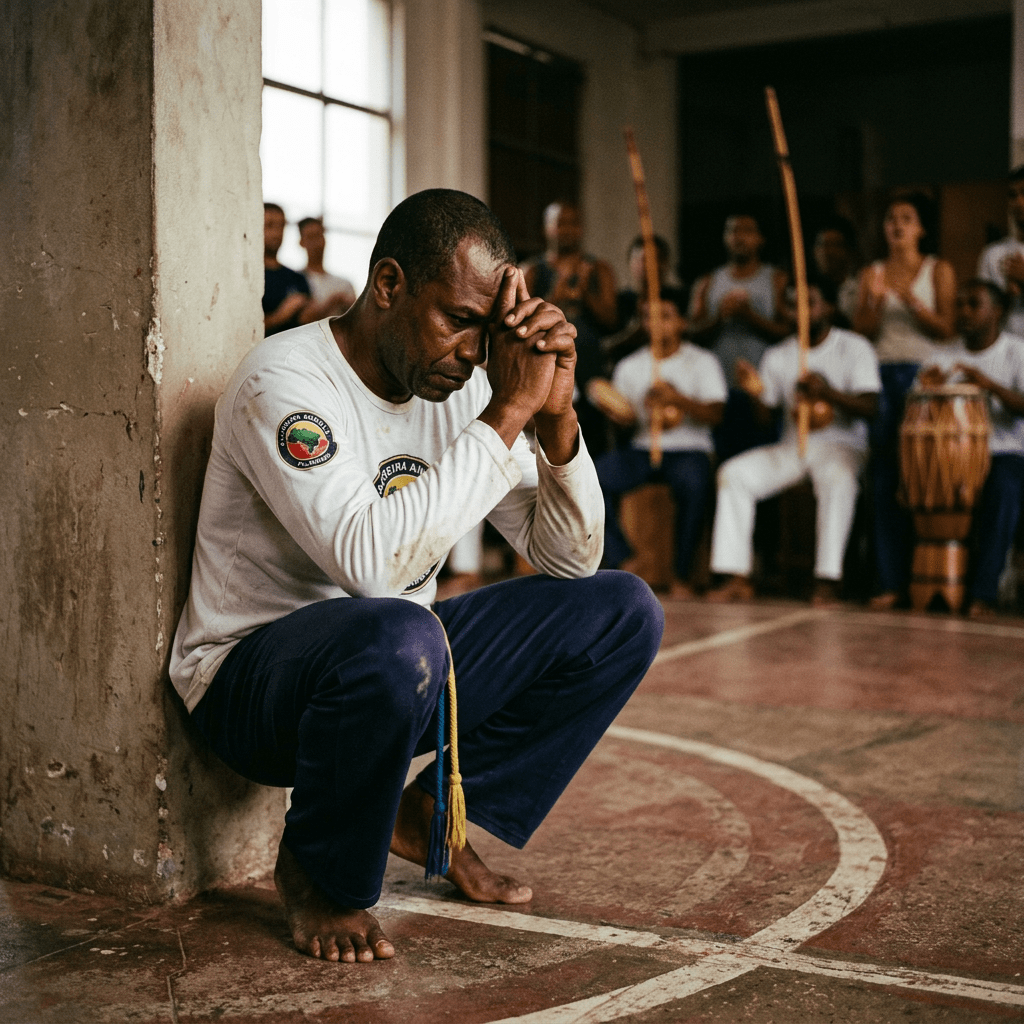 Man crouched thoughtfully against a wall in a capoeira class with musicians behind