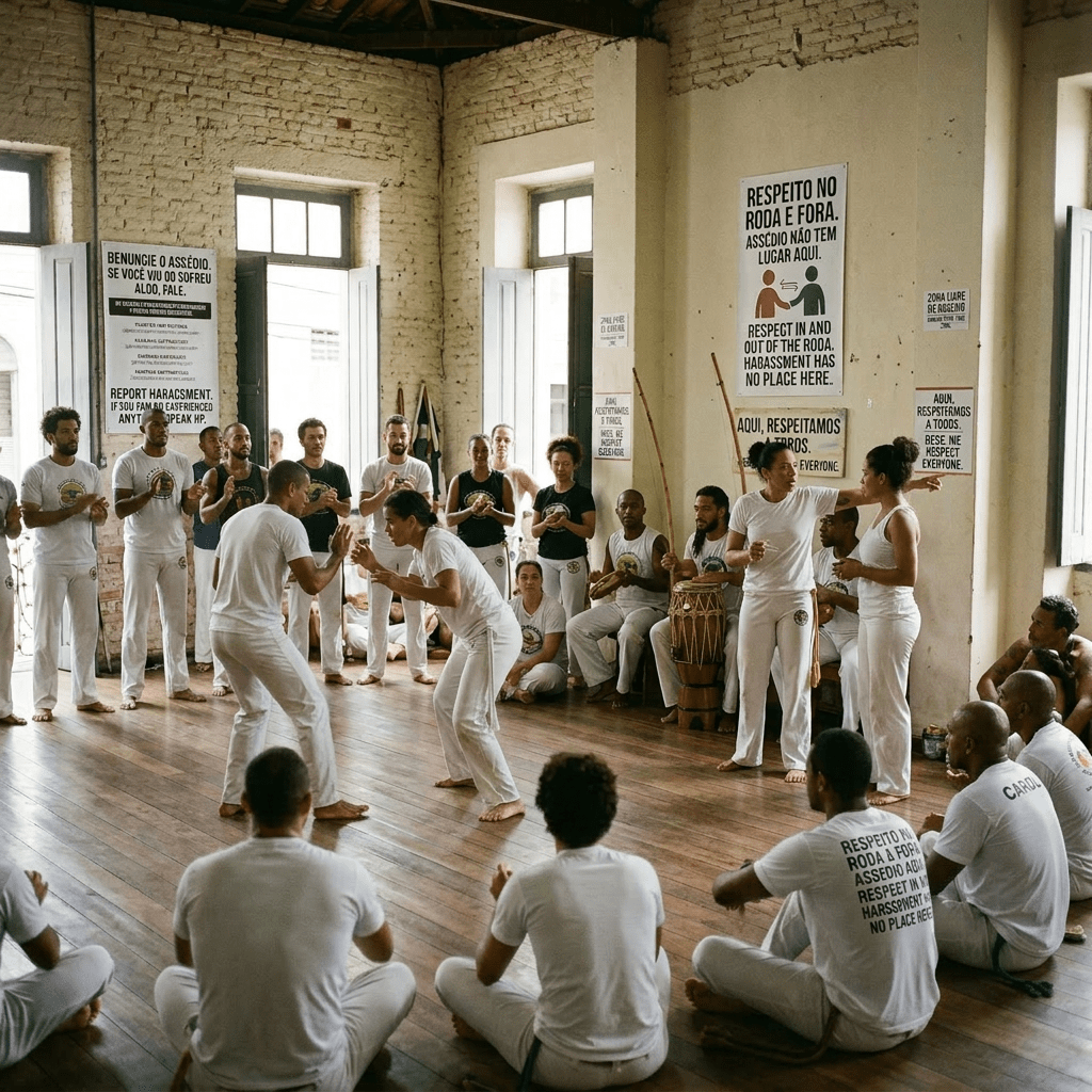 Group practicing Capoeira martial art with music and respect signs indoors