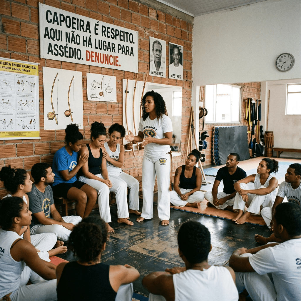 Instructor discussing capoeira with students seated in a circle in a training room
