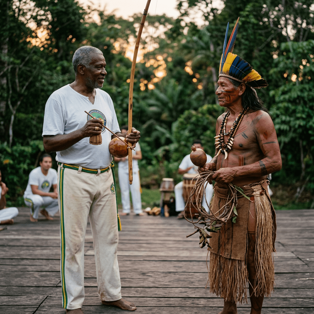 Two men playing traditional string instruments in an outdoor setting