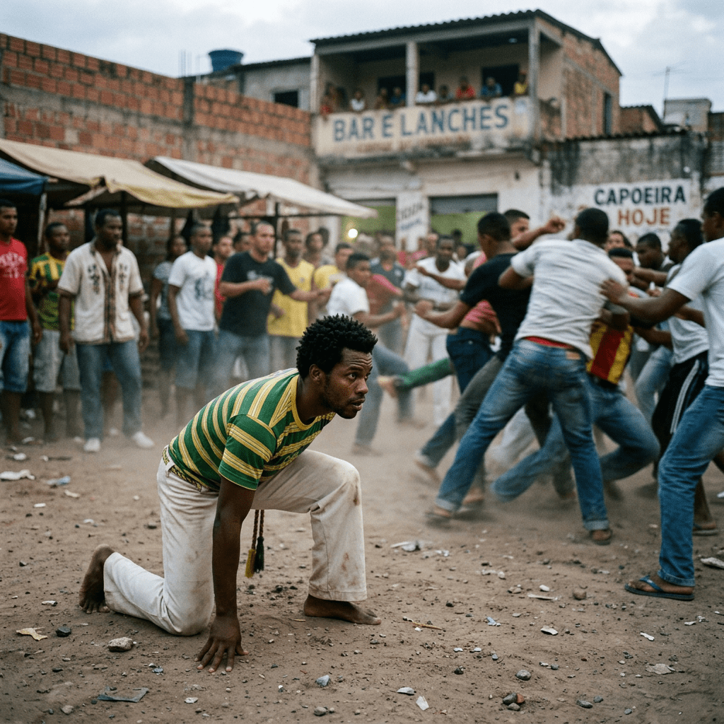 Man in striped shirt kneeling on dirt during capoeira event surrounded by crowd