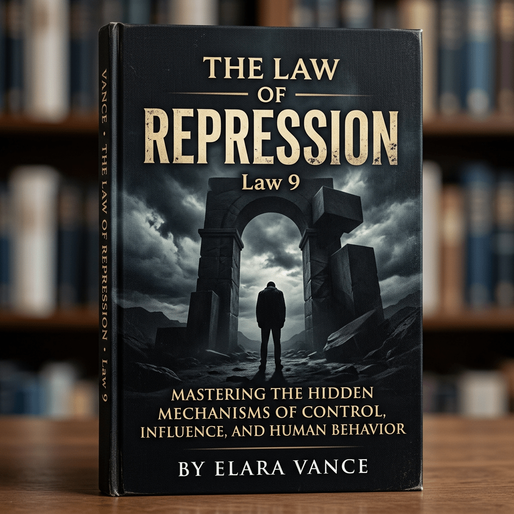 Book cover titled The Law of Repression by Elara Vance with a silhouette of a person standing before a broken stone archway