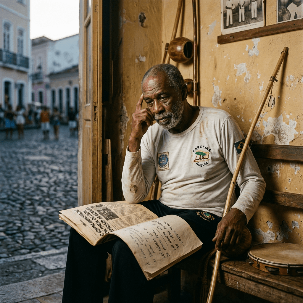 Elderly man in capoeira shirt reading a document and holding a berimbau