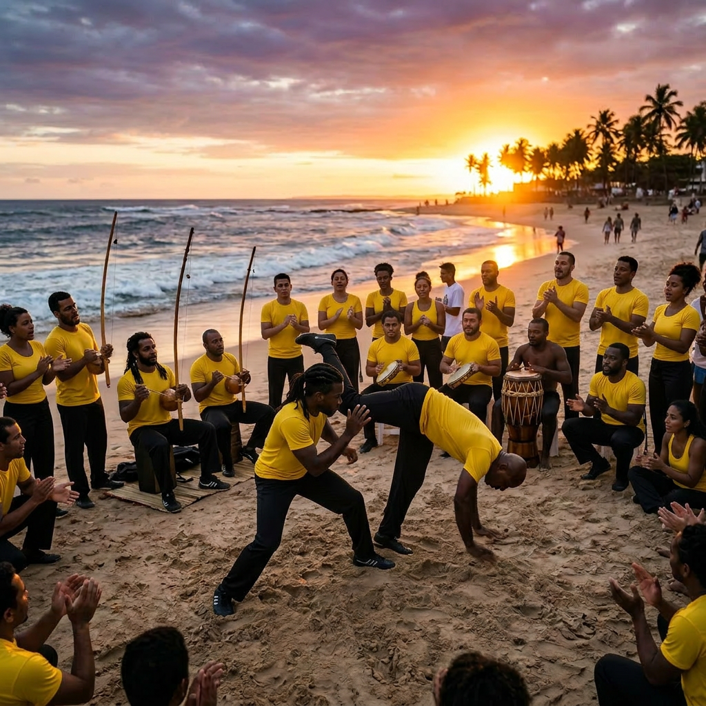 People practicing capoeira on sandy beach with musicians and clappers at sunset
