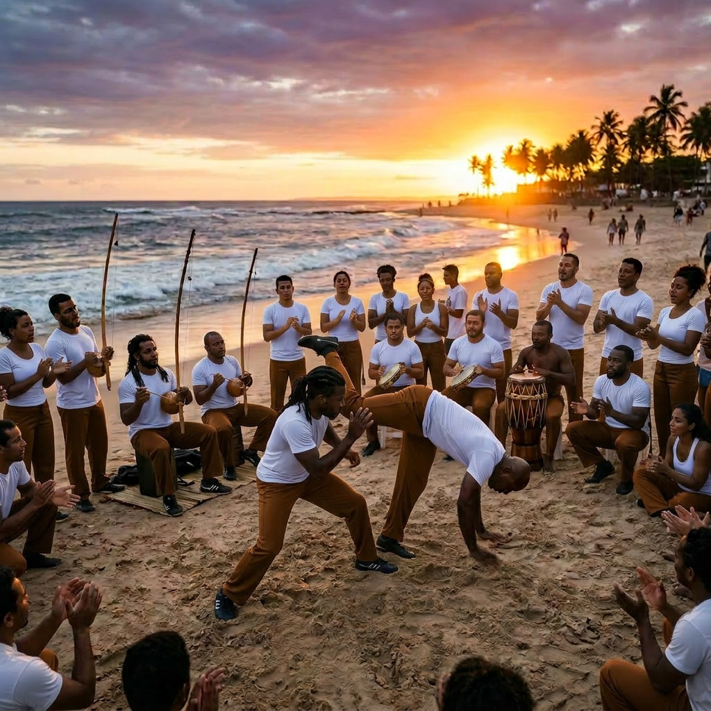 People practicing capoeira on sandy beach with musicians and clappers at sunset